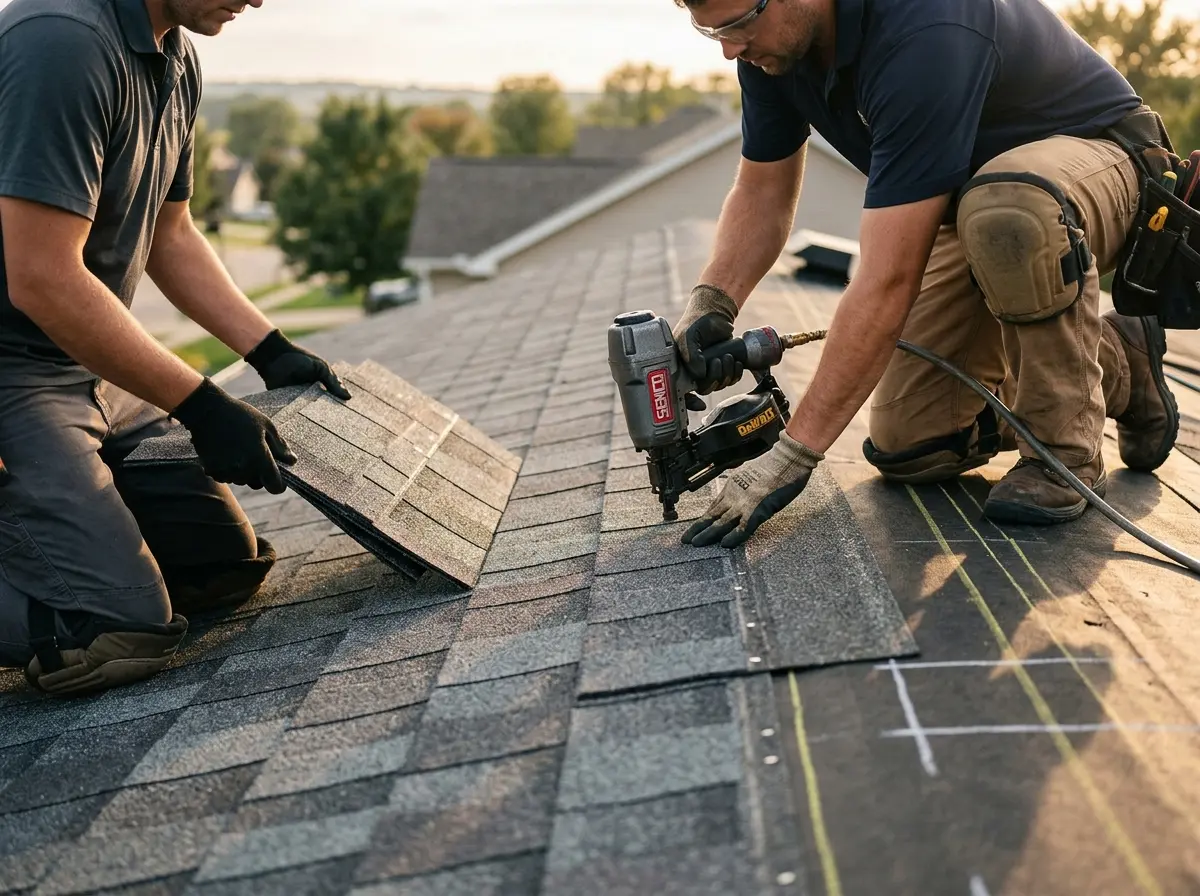 Professional roofer working on a residential roof in Muscle Shoals